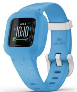 Garmin Vivofit Jr.3 smartwatch for kids, blue star theme Blue Garmin Vivofit Jr.3 smartwatch, star-patterned strap, and color display.