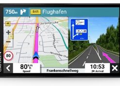 Garmin DriveSmart 66 navigator with map view and routing instructions, black frame, horizontal view.