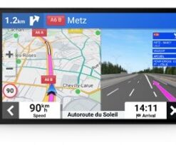 Widescreen GPS navigator with map view, guide signs, and speed limits.