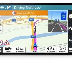 Garmin DriveSmart 86 navigator, large touchscreen with driving routes visible.