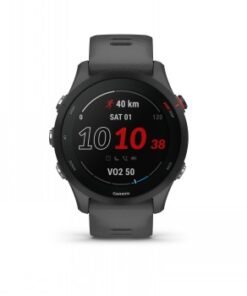Gray Garmin Forerunner 255 smartwatch, round display with running features visible.