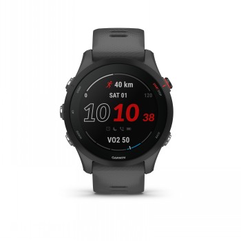 Gray Garmin Forerunner 255 smartwatch, round display with running features visible.
