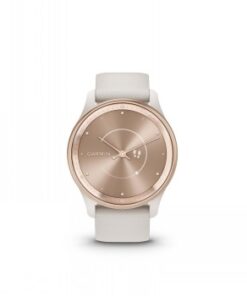 Garmin Vivomove Trend smartwatch with an ivory-colored strap and a peach-colored dial, front view.