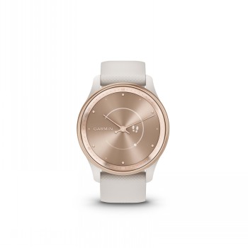 Garmin Vivomove Trend smartwatch with an ivory-colored strap and a peach-colored dial, front view.