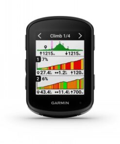Front view of the black-and-white Garmin Edge 540 cycling computer with a color display showing elevation details and route...
