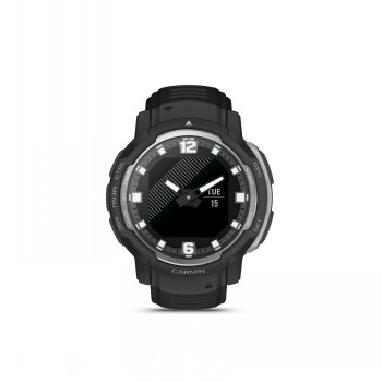 Round, black smartwatch Garmin Instinct Crossover, black-silver frame and digital display.