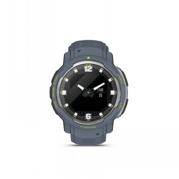 Round blue-gray smartwatch, Garmin Instinct Crossover, black display, white indexing.