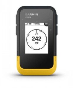 Yellow-and-black-bodied Garmin eTrex SE GPS device, with a compass rose displayed on the screen.