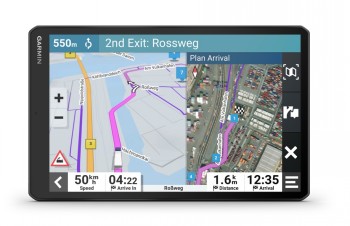 Rectangular Garmin Dezl LGV1010 truck navigator, displaying route guidance and map view.