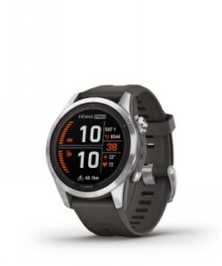 Garmin Fenix 7S Pro Solar smartwatch with a dark gray strap Garmin Fenix 7S Pro Solar smartwatch with a dark gray strap, round display, and silver bezel.