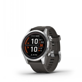 Garmin Fenix 7S Pro Solar smartwatch with a dark gray strap, round display, and silver bezel.