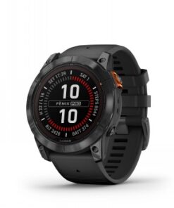 A smartwatch with a black strap, round display showing time and other notifications.