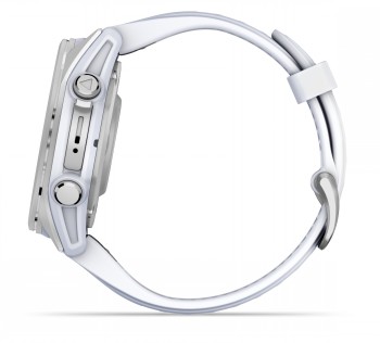 Garmin Fenix 8 silver case and white strap, with AMOLED display Side profile of the Garmin Fenix 8 smartwatch, silver-gray case and white silicone strap.