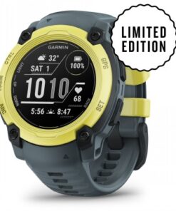 Gray and yellow Garmin Instinct E smartwatch, round display, side view of strap.
