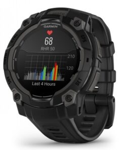 Black Garmin Instinct 3 smartwatch, round AMOLED display with activity graph and heart rate data, viewed diagonally from the left...