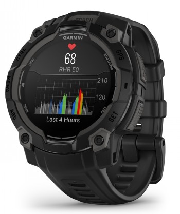 Garmin Instinct 3 smartwatch, black AMOLED display and strap Black Garmin Instinct 3 smartwatch, round AMOLED display with activity graph and heart rate data, viewed diagonally from the left...