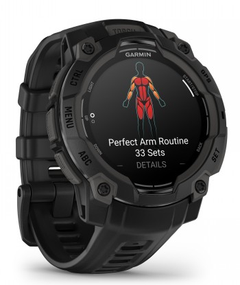 Garmin Instinct 3 - 45 mm smartwatch with black strap Black Garmin watch, round AMOLED display, activity view, and black strap.