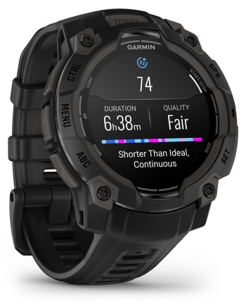 Garmin Instinct 3 smartwatch with AMOLED display and black strap. Black Garmin Instinct 3 smartwatch, 45 mm AMOLED display, circular design, and black strap.