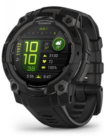 Garmin Instinct 3 smartwatch, black, with AMOLED display. Black Garmin Instinct 3 smartwatch, AMOLED display, sports data visible.