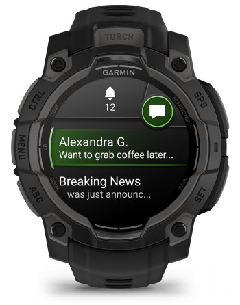 Garmin Instinct 3 - smartwatch, black, AMOLED display. The front of a black smartwatch with an AMOLED display turned on. A messaging app is open on the screen.