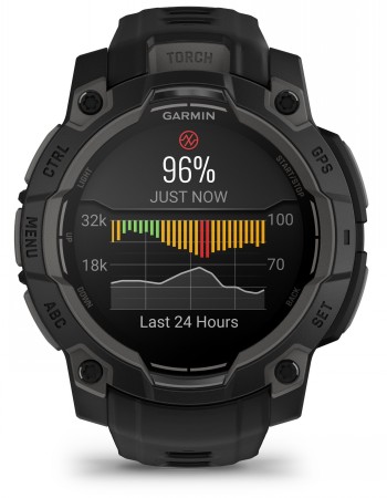 Garmin Instinct 3 smartwatch, black, AMOLED display and sports features. Front view of the black Garmin Instinct 3 smartwatch with a colorful AMOLED display showing activity and heart rate data.