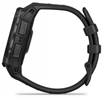 Garmin Instinct 3 smartwatch, black bezel and strap Side view of the Garmin Instinct 3 smartwatch, black bezel and strap, sleek and streamlined design.
