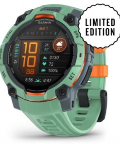 Garmin Instinct 3 - 45mm smartwatch, Neo Tropic color scheme Garmin Instinct 3 smartwatch with green Neo Tropic color scheme, round AMOLED display, and black bezel.