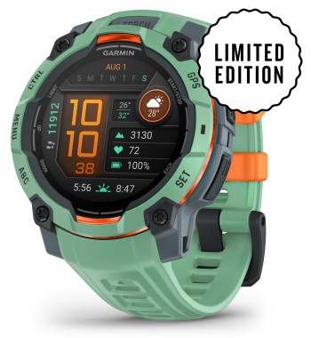 Garmin Instinct 3 smartwatch with green Neo Tropic color scheme, round AMOLED display, and black bezel.
