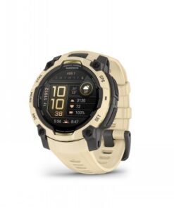 Light yellow Garmin Instinct 3 smartwatch with black details and a round AMOLED display.