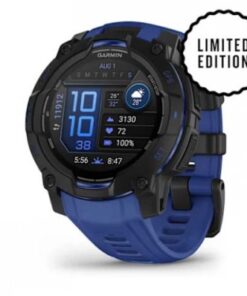 Black-framed smartwatch with a blue strap and an AMOLED display, showing time and activity data.