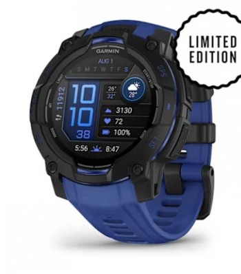Black-framed smartwatch with a blue strap and an AMOLED display, showing time and activity data.