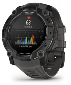 Garmin Instinct 3 smartwatch, black bezel, gray strap, AMOLED display with heart rate data.