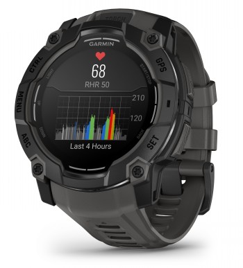 Garmin Instinct 3 smartwatch, black bezel and AMOLED display Garmin Instinct 3 smartwatch, black bezel, gray strap, AMOLED display with heart rate data.