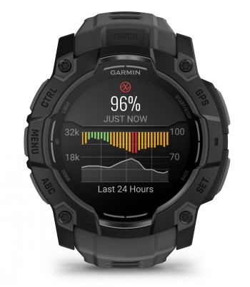 Garmin Instinct 3 - AMOLED smartwatch with activity display Black smartwatch, AMOLED display, showing an activity chart and a 96% heart rate zone.