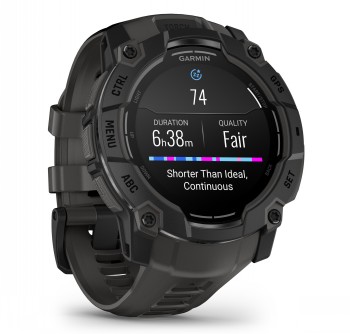 Garmin Instinct 3 smartwatch with an AMOLED display and black strap The AMOLED display of the black Garmin Instinct 3 smartwatch showing workout data. Angled side view.