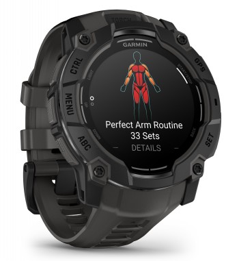 Garmin Instinct 3 - AMOLED smartwatch with a black strap Black smartwatch with a silicone strap, round color display, and a workout program shown.
