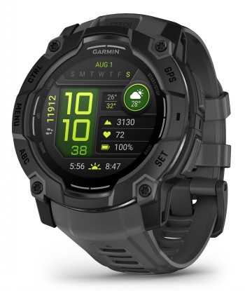 Garmin Instinct 3 smartwatch, black frame, and gray strap. Smartwatch with a black frame, gray strap, and color display showing time and activity metrics.