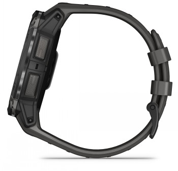Garmin Instinct 3 sports watch, black bezel and gray strap Garmin Instinct 3 sports watch side profile, black bezel and carbon gray strap.