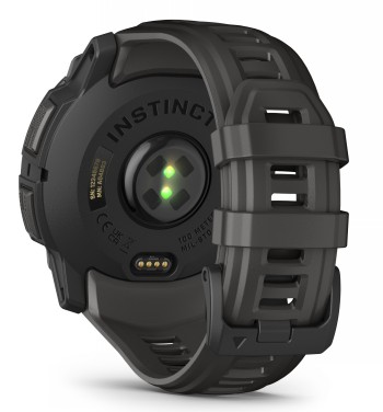 Garmin Instinct 3 smartwatch, black bezel, and gray strap. Back view of the Garmin Instinct 3 smartwatch, black bezel, and dark gray strap, close-up.