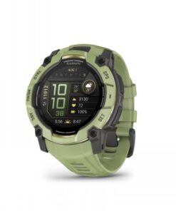 Garmin Instinct 3 smartwatch, green strap and robust AMOLED display, pictured from the front.