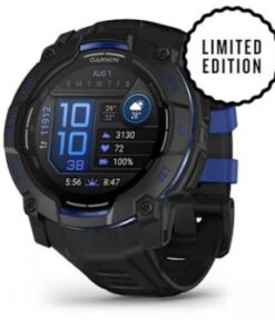 Black Garmin Instinct 3 smartwatch, 50mm, AMOLED display, and blue details, front view.