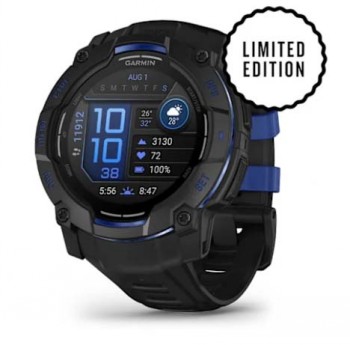Black Garmin Instinct 3 smartwatch, 50mm, AMOLED display, and blue details, front view.