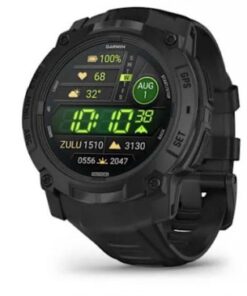 Black Garmin Instinct 3 smartwatch, round AMOLED display, weather and time widgets.