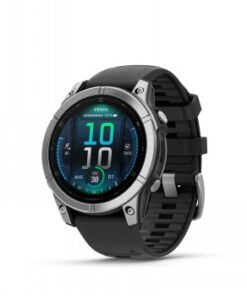 Round Garmin Fenix E smartwatch, steel bezel and black silicone strap, AMOLED display, time and activity tracking.