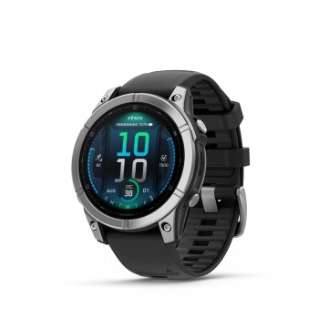 Round Garmin Fenix E smartwatch, steel bezel and black silicone strap, AMOLED display, time and activity tracking.
