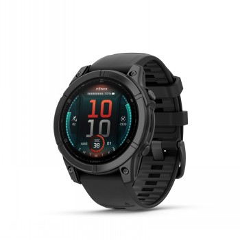 Smartwatch Garmin Fenix E, gray steel case and black silicone strap, round AMOLED display.