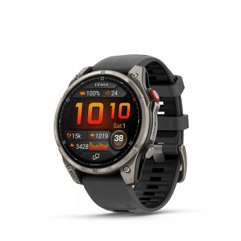 Garmin Fenix 8 Pro smartwatch, 47 mm, titanium case, black silicone strap, AMOLED display.