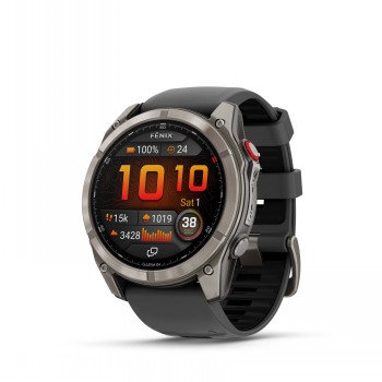 Garmin Fenix 8 Pro smartwatch, round AMOLED display, titanium bezel, and black silicone strap.