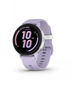 Purple Garmin Bounce 2 smartwatch, round display, side button, and adjustable strap.