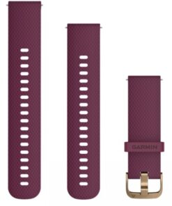 Viininpunaiset, kuvioidut Garmin-hihnat (20 mm) ja kultaiset kiinnitysosat, kolme osaa rinnakkain vaalealla taustalla.
